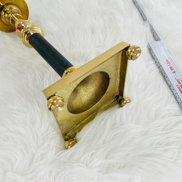 Elegant Large Lacquered Brass & Black Metal Candle Holder